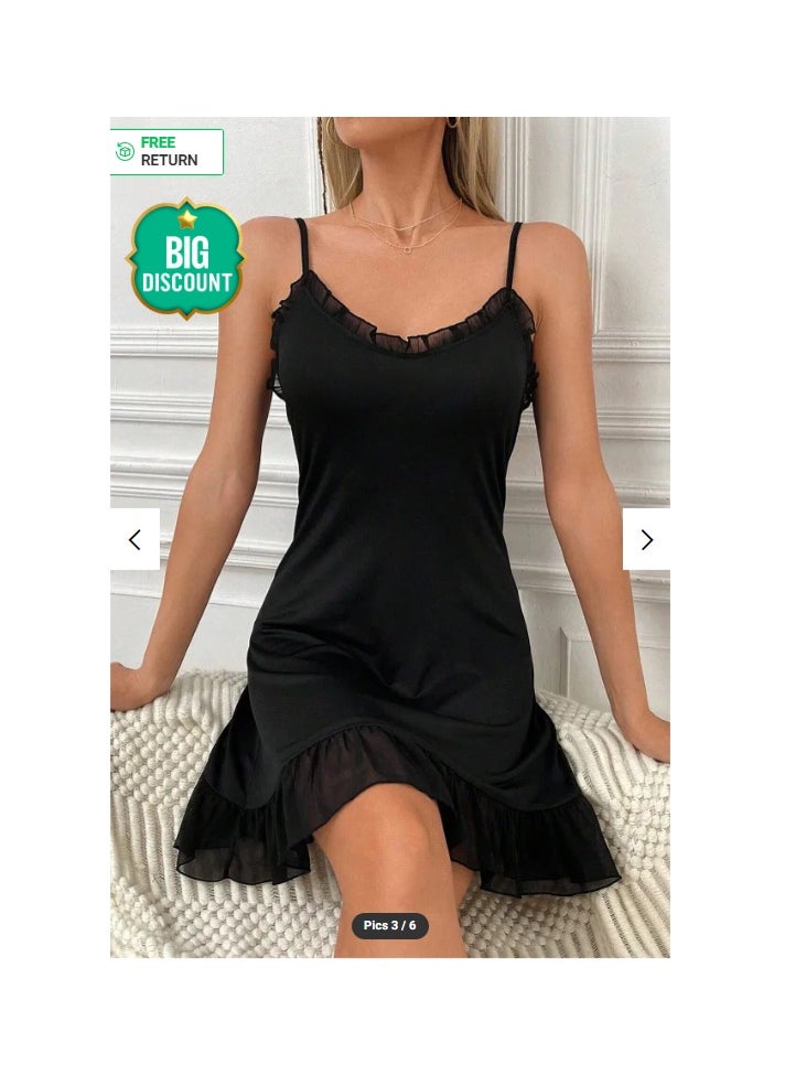 Women's Black Nightgown with Frilly Tulle Detail