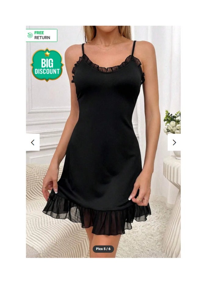 Women's Black Nightgown with Frilly Tulle Detail