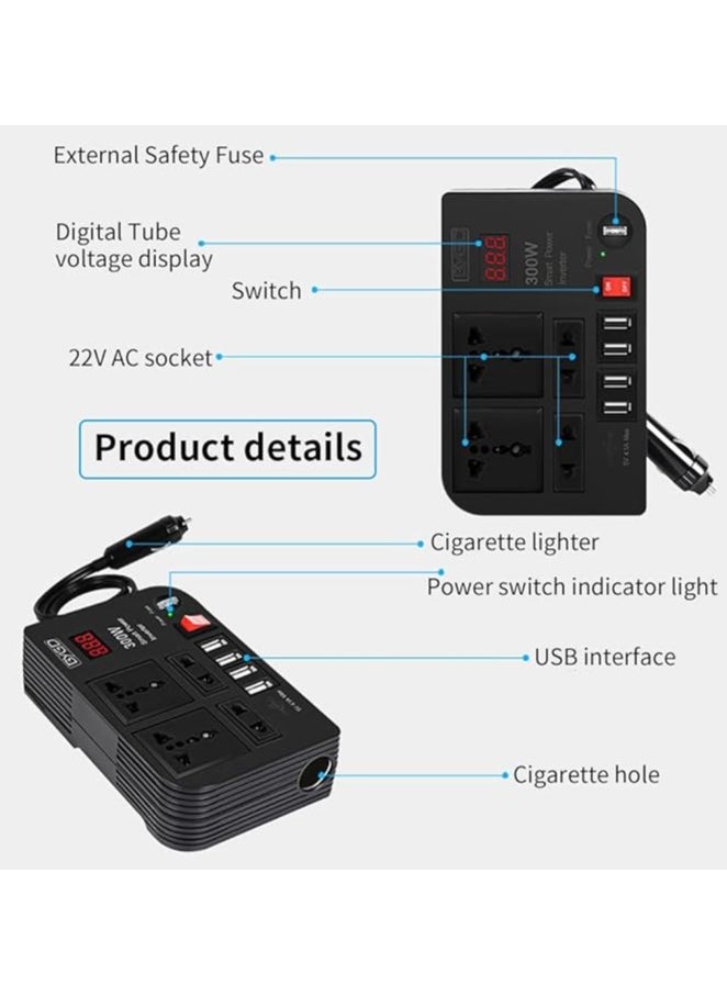 300W Car Power Inverter, DC 12V to 220V AC Converter with 4 Charger Outlets and Four 4.1A USB Ports Cigarette Lighter Socket Adapter