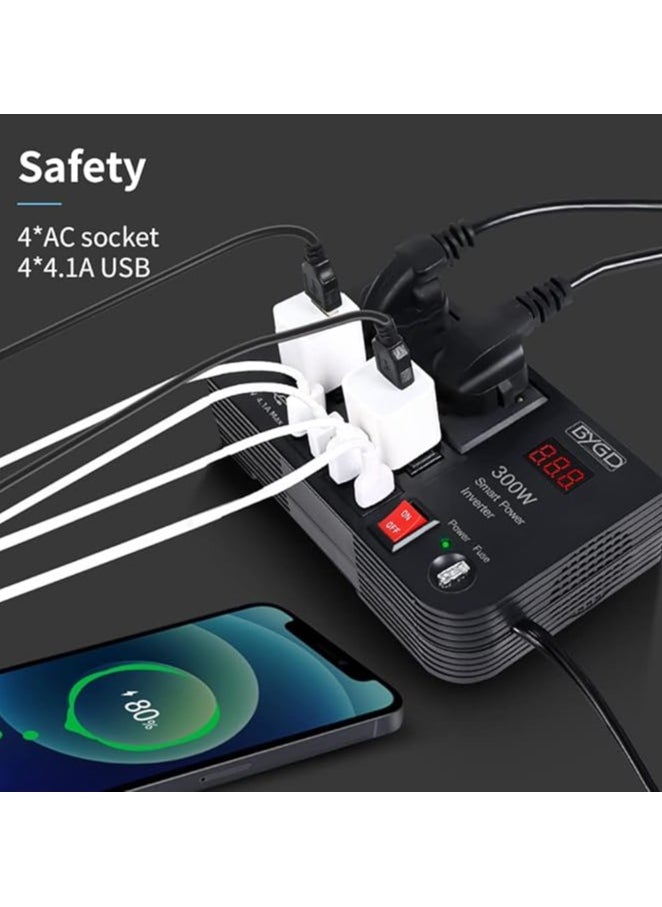 300W Car Power Inverter, DC 12V to 220V AC Converter with 4 Charger Outlets and Four 4.1A USB Ports Cigarette Lighter Socket Adapter