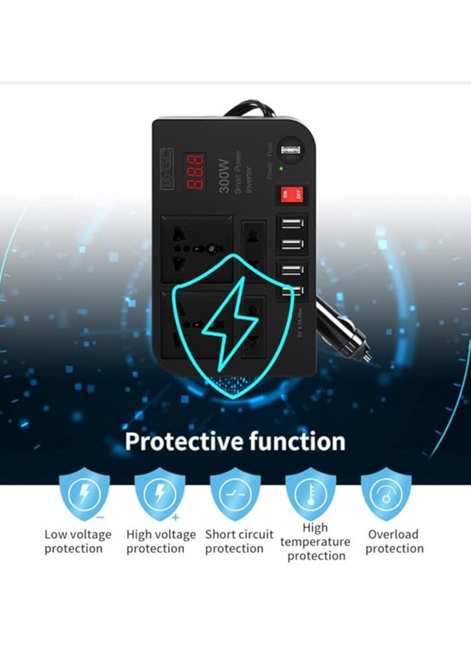 300W Car Power Inverter, DC 12V to 220V AC Converter with 4 Charger Outlets and Four 4.1A USB Ports Cigarette Lighter Socket Adapter