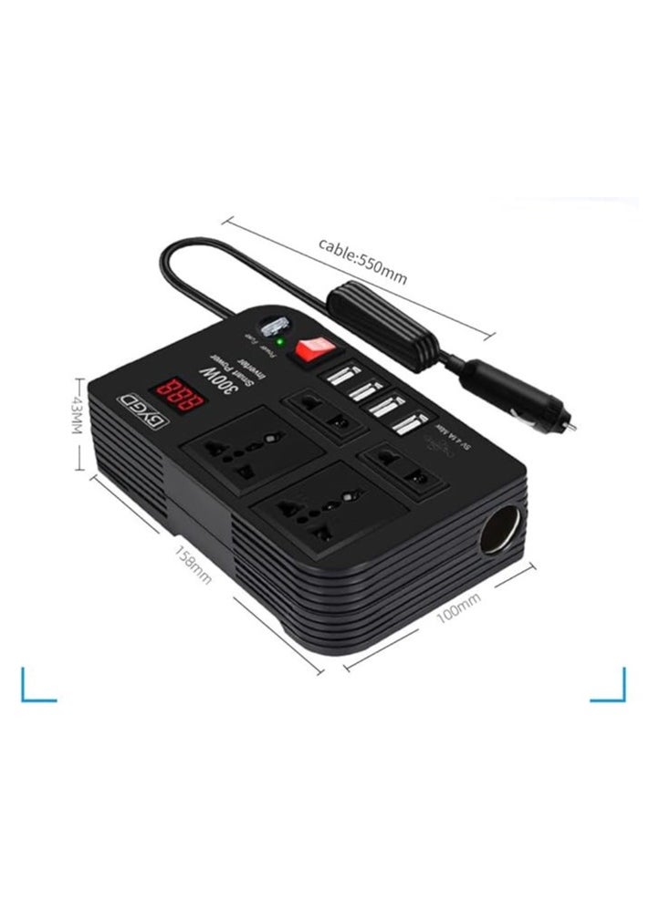 300W Car Power Inverter, DC 12V to 220V AC Converter with 4 Charger Outlets and Four 4.1A USB Ports Cigarette Lighter Socket Adapter