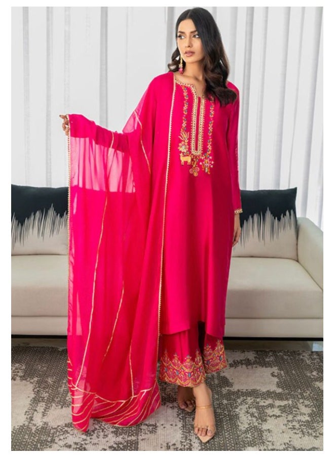 Women Pink Suit  With Flowing Silk Dupatta And Paired With Hand – Embroided That’s  Add Artistic Flair To  Your Look.