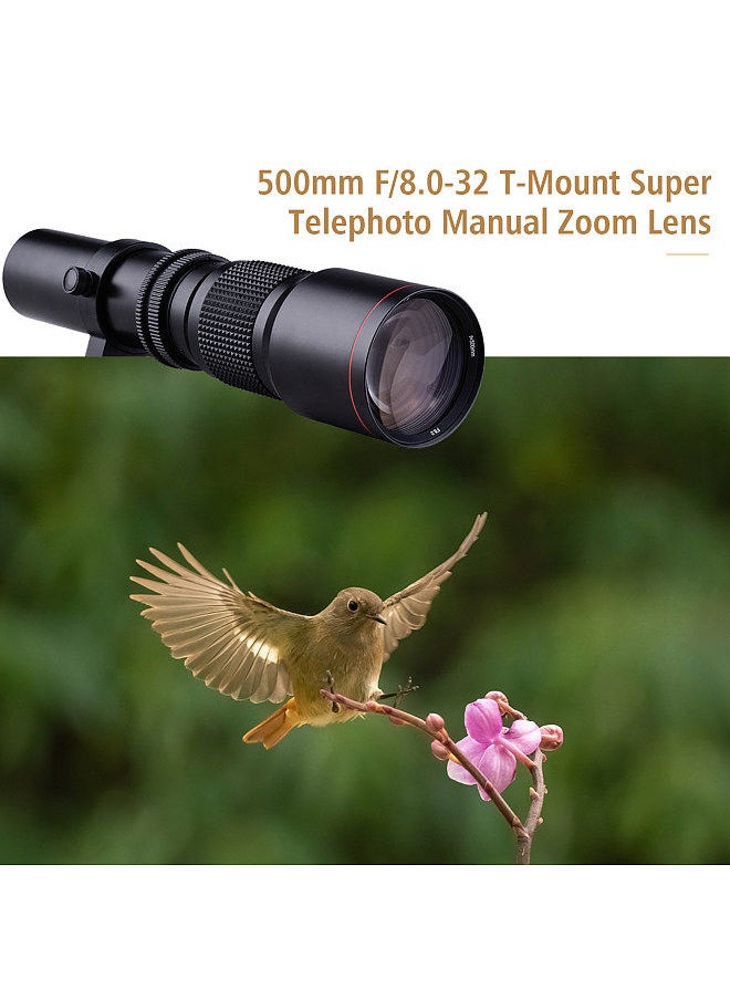 Camera Super Telephoto Lens 500mm F/8.0-32 Manual Zoom T-Mount  + 2X 500mm Teleconverter Lens + T2-EOS Adapter Ring Replacement