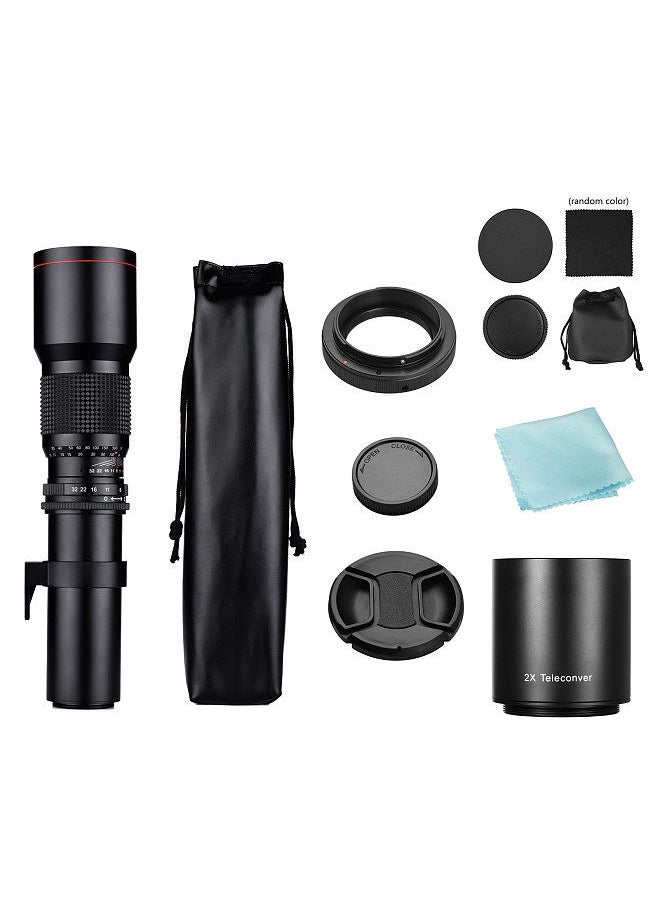 Camera Super Telephoto Lens 500mm F/8.0-32 Manual Zoom T-Mount  + 2X 500mm Teleconverter Lens + T2-EOS Adapter Ring Replacement