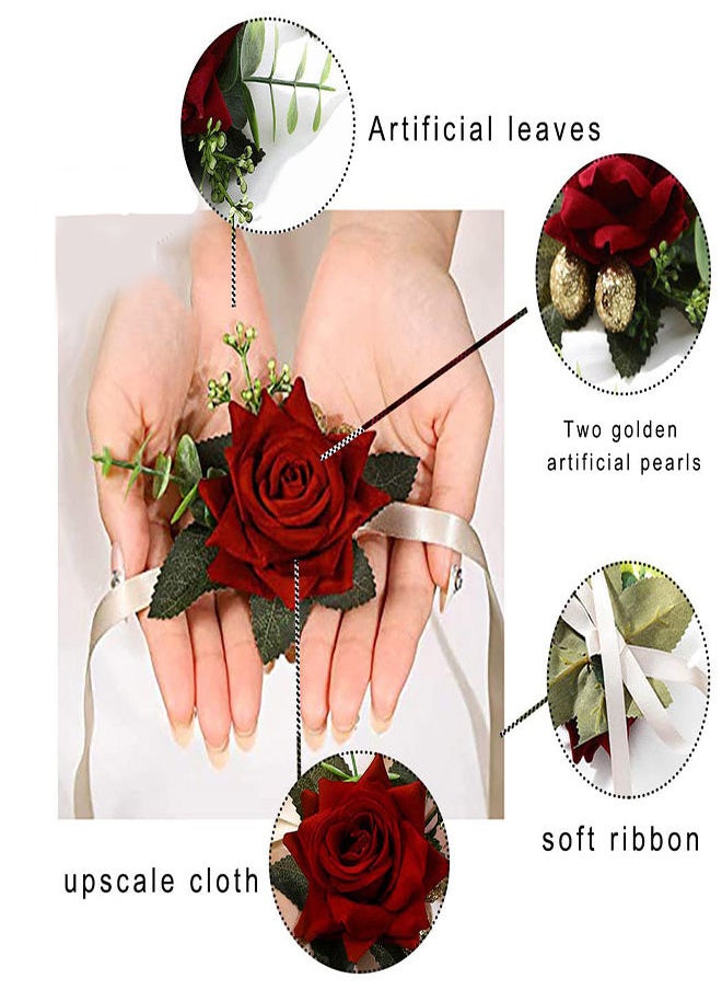 Wedding Wrist Flower, 2Pcs Floral Wrist Corsage Bridal Rose Leaf Hand Flowers for Bride Bridesmaid Festival Prom Engagement, Bridesmaids Hand Floral,  for Wedding Festival Beach Party Prom (Red)