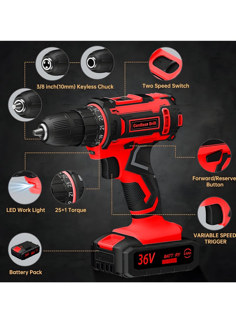 Cordless Drill, 36V, 2.0Ah Li-Ion Battery, 42Nm Electric Power Tool for Drilling in Wood, Metal & Masonry, 25+1 Torque, Variable Speed, Kitbox Included