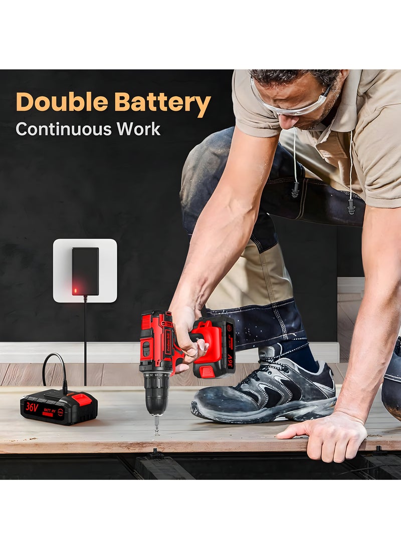 Cordless Drill, 36V, 2.0Ah Li-Ion Battery, 42Nm Electric Power Tool for Drilling in Wood, Metal & Masonry, 25+1 Torque, Variable Speed, Kitbox Included