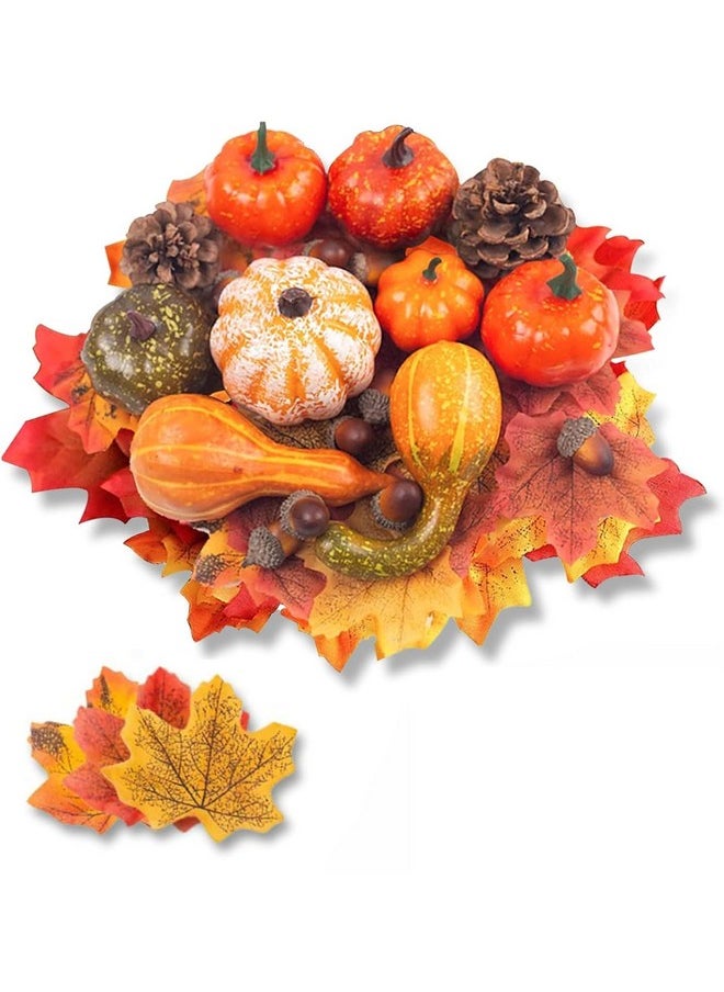 50 Pcs Thanksgiving Artificial Pumpkins And Gourds Set Fall Decorations For Home, 8 Pcs Fake Pumpkins, 12 Pcs Pinecones And Acorns, 30 Pcs Fake Maple Leaves Fall Wedding Tables Centerpieces