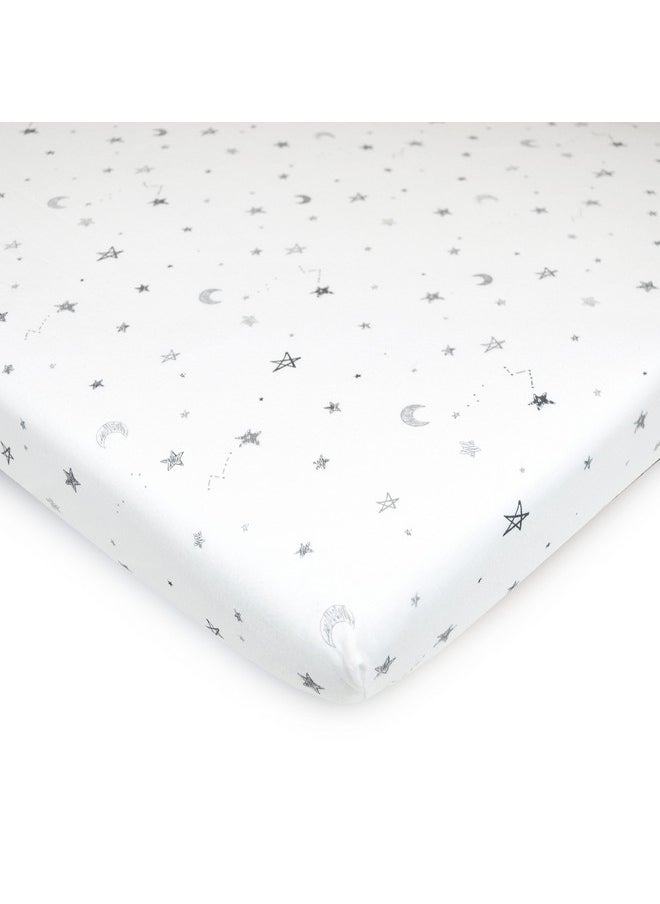 Printed 100% Natural Cotton Jersey Knit 18 X 36 Cradle/Bassinet Sheet - Fitted, Gray Stars And Moons, Soft Breathable, For Boys And Girls