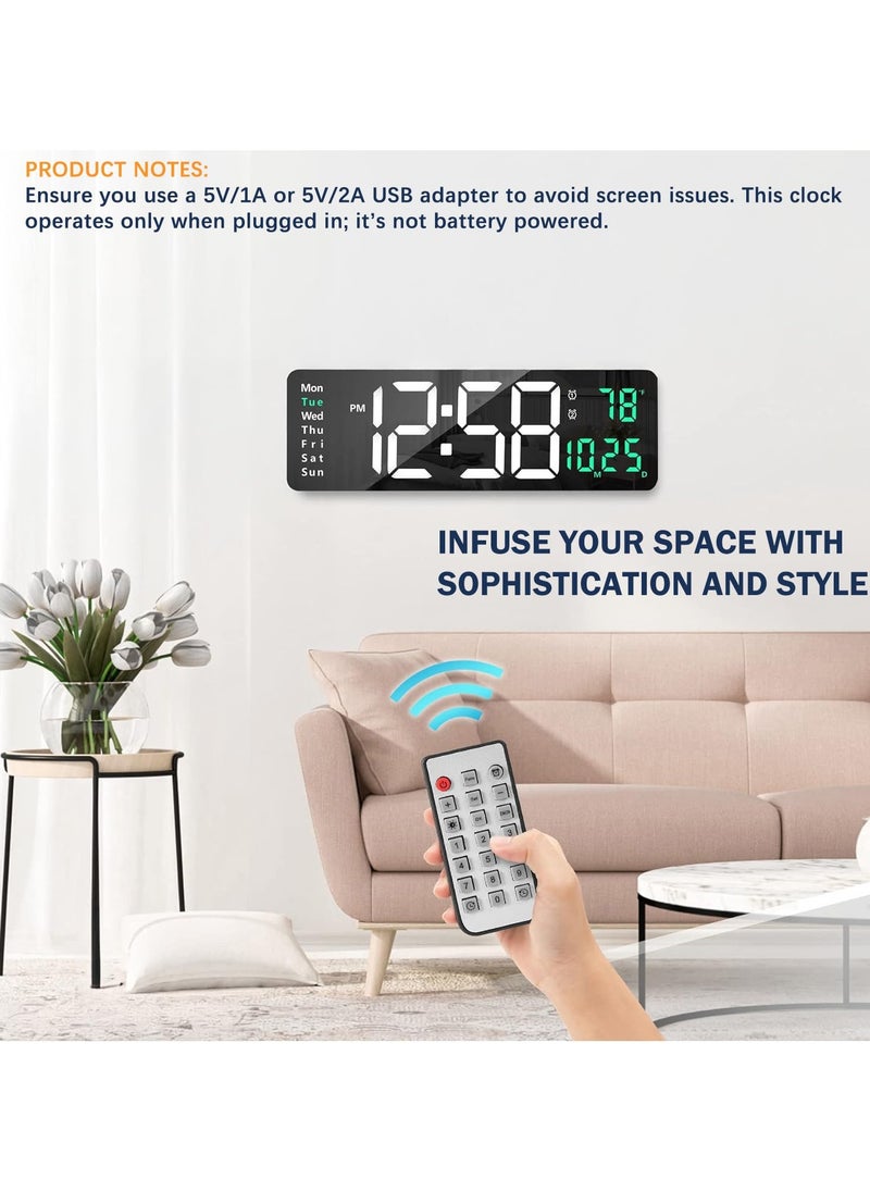 16.2-Inch Display Digital Alarm Clock with Remote Control | LED Electronic Clock for Bedroom, Living Room, and Office | Automatic Brightness Dimmer, Temperature Display, and Battery Backup (Green)