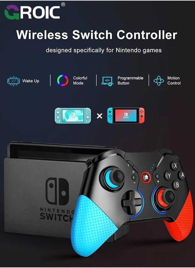 Blue & Red Switch Controller for Nintendo with Wake Up, Bluetooth Gamepad Remote Grip Macro Motion Vibration Turbo RGB Light, Wireless Pro Joy Con Kids