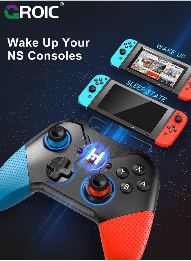 Blue & Red Switch Controller for Nintendo with Wake Up, Bluetooth Gamepad Remote Grip Macro Motion Vibration Turbo RGB Light, Wireless Pro Joy Con Kids