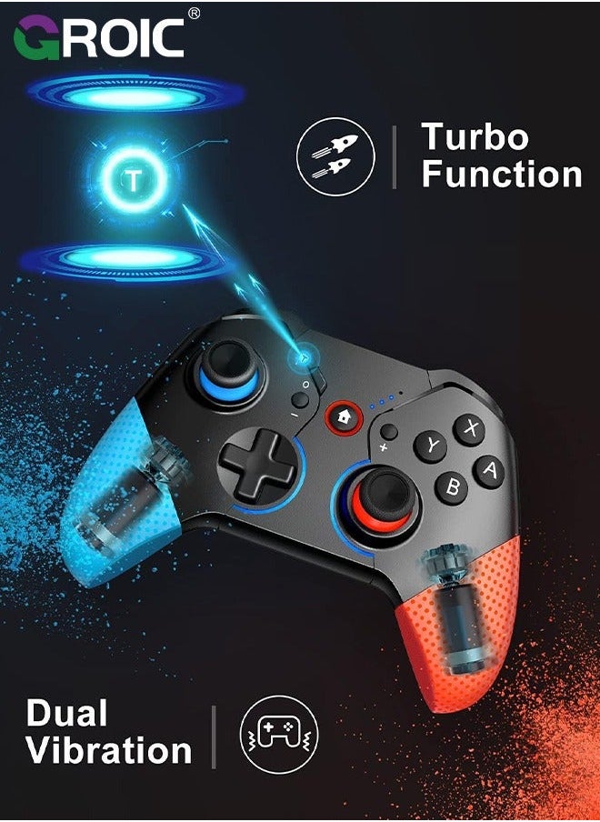 Blue & Red Switch Controller for Nintendo with Wake Up, Bluetooth Gamepad Remote Grip Macro Motion Vibration Turbo RGB Light, Wireless Pro Joy Con Kids