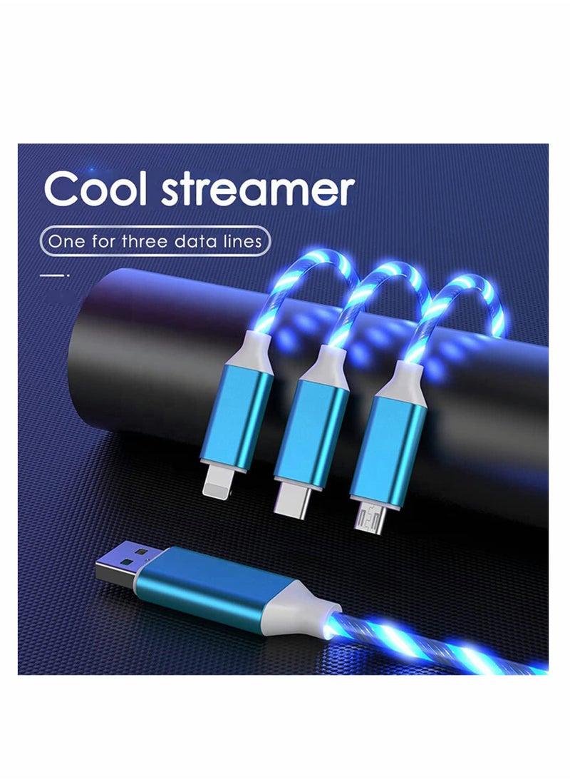 Multi USB Cable 3 in 1 Blue Led Flowing Charging Cable Shining Glow in The Dark USB Car Charger Cable Visible Light Up Led Charger for iOS Phone Android USB Type C Cable (1.2m)