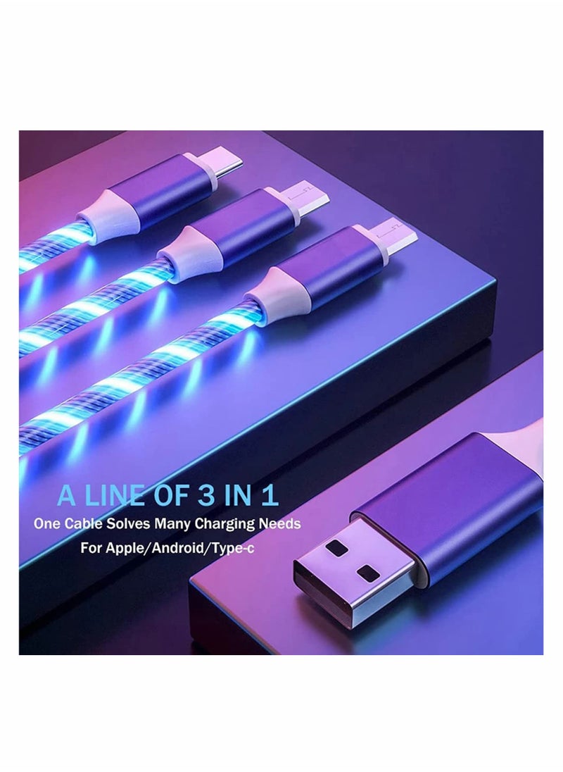 Multi USB Cable 3 in 1 Blue Led Flowing Charging Cable Shining Glow in The Dark USB Car Charger Cable Visible Light Up Led Charger for iOS Phone Android USB Type C Cable (1.2m)