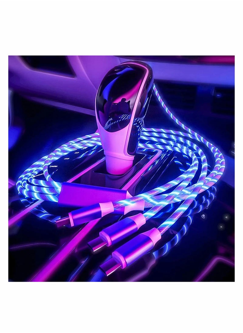 Multi USB Cable 3 in 1 Blue Led Flowing Charging Cable Shining Glow in The Dark USB Car Charger Cable Visible Light Up Led Charger for iOS Phone Android USB Type C Cable (1.2m)