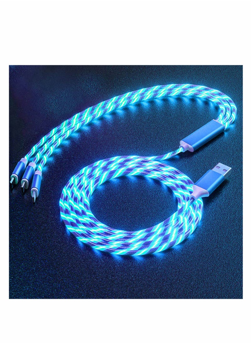 Multi USB Cable 3 in 1 Blue Led Flowing Charging Cable Shining Glow in The Dark USB Car Charger Cable Visible Light Up Led Charger for iOS Phone Android USB Type C Cable (1.2m)