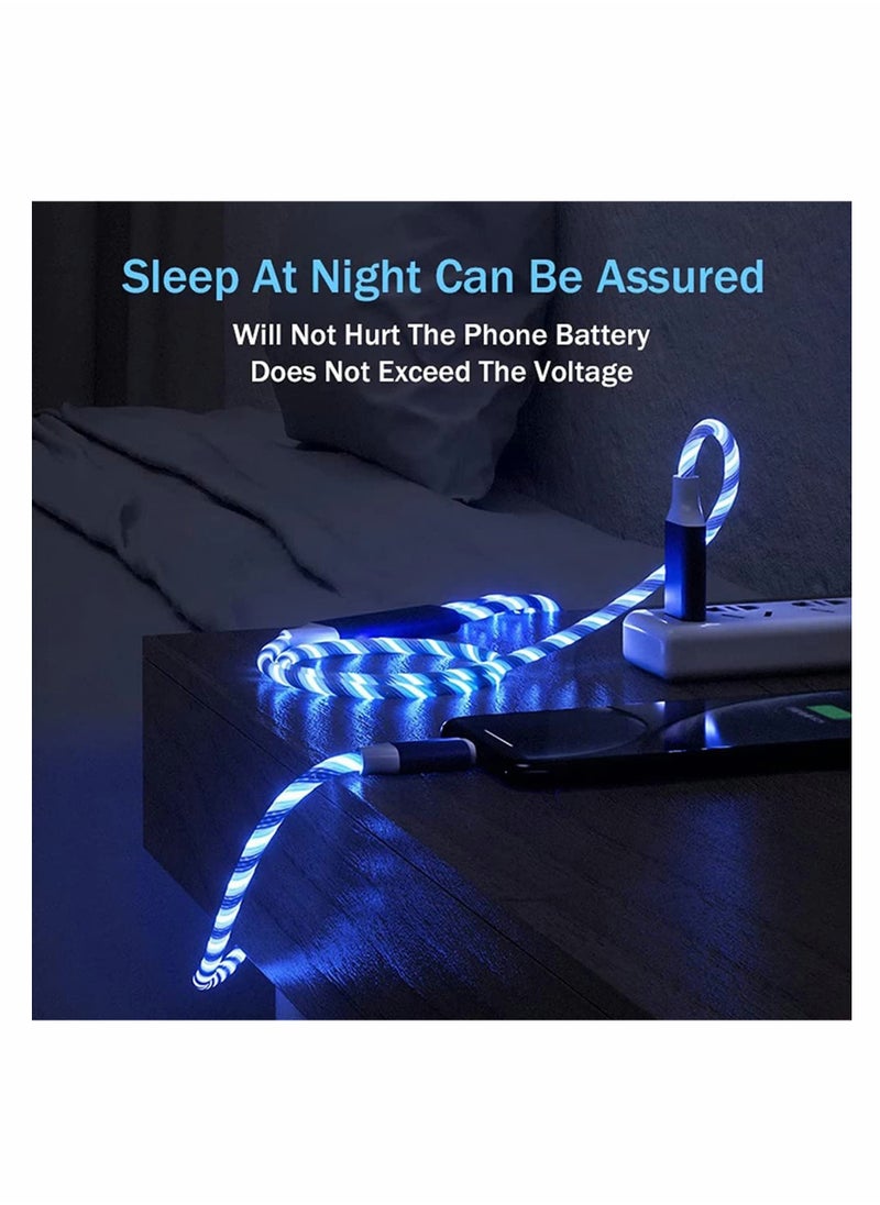 Multi USB Cable 3 in 1 Blue Led Flowing Charging Cable Shining Glow in The Dark USB Car Charger Cable Visible Light Up Led Charger for iOS Phone Android USB Type C Cable (1.2m)