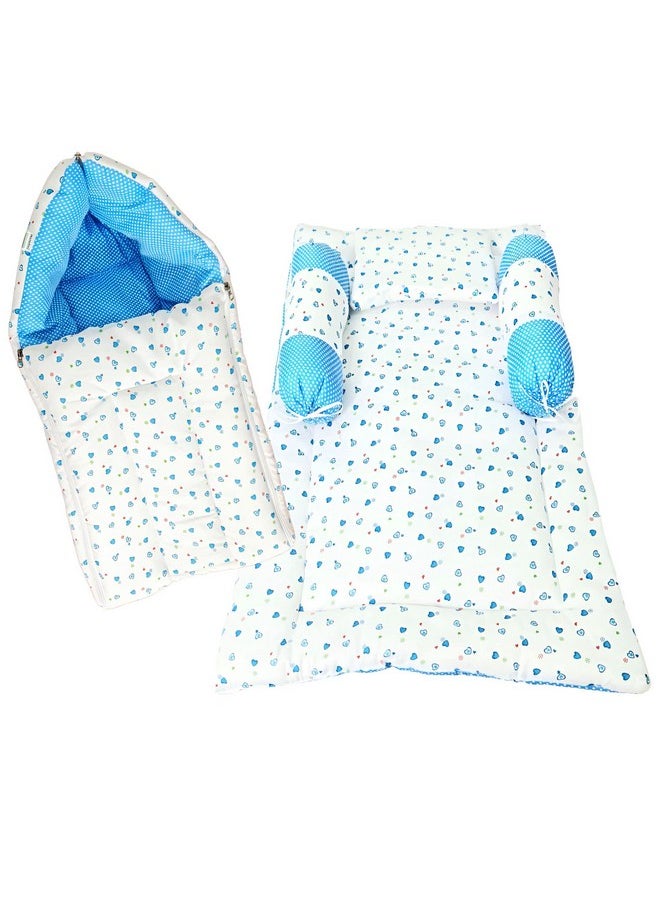 BRANDONN Baby Bedding Gift Pack Combo of Bed with 3 Pillow Set and Sleeping Bag | Carry Bag Combo of 2, Sky Blue