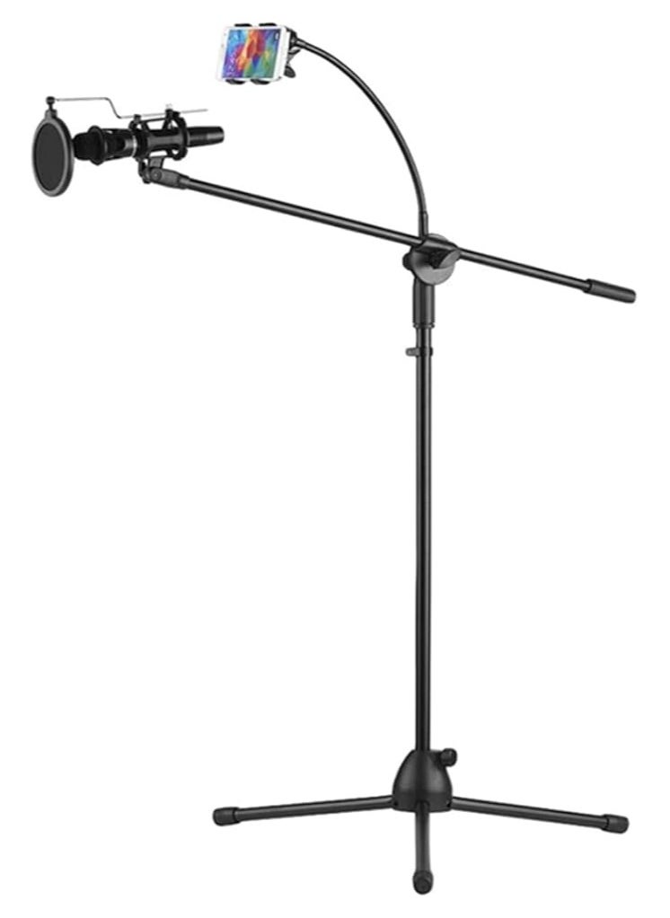 Metal Microphone Floor Stand with Boom Arm 360 Degree Rotating Phone Holder