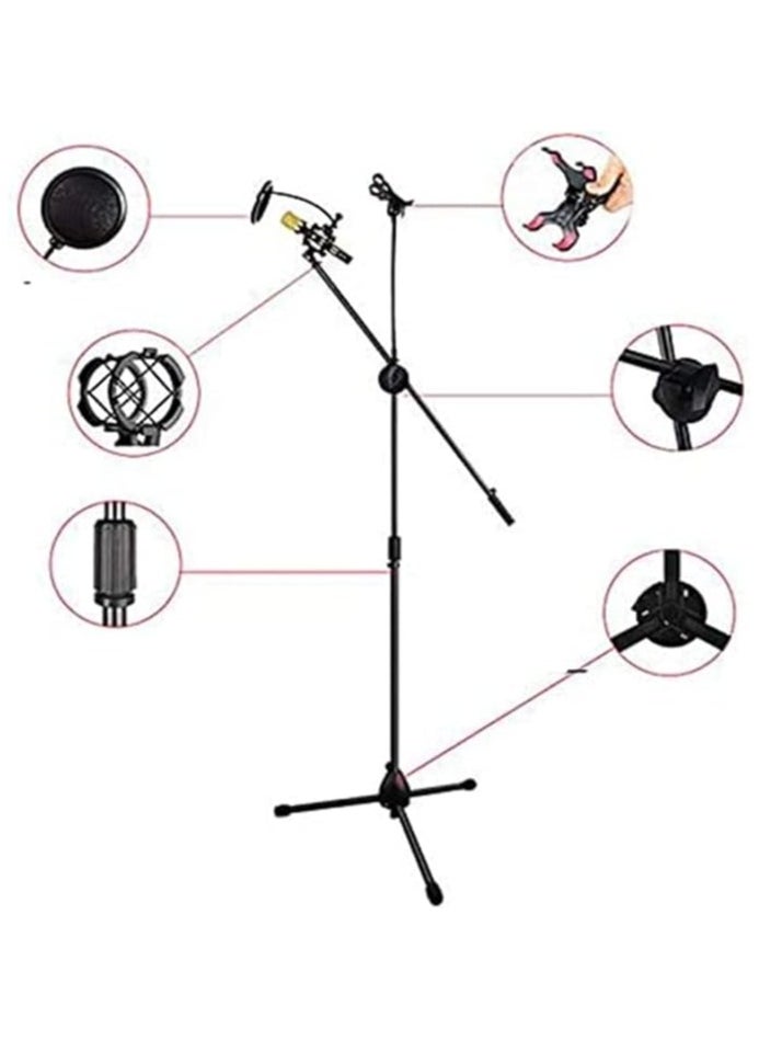 Metal Microphone Floor Stand with Boom Arm 360 Degree Rotating Phone Holder