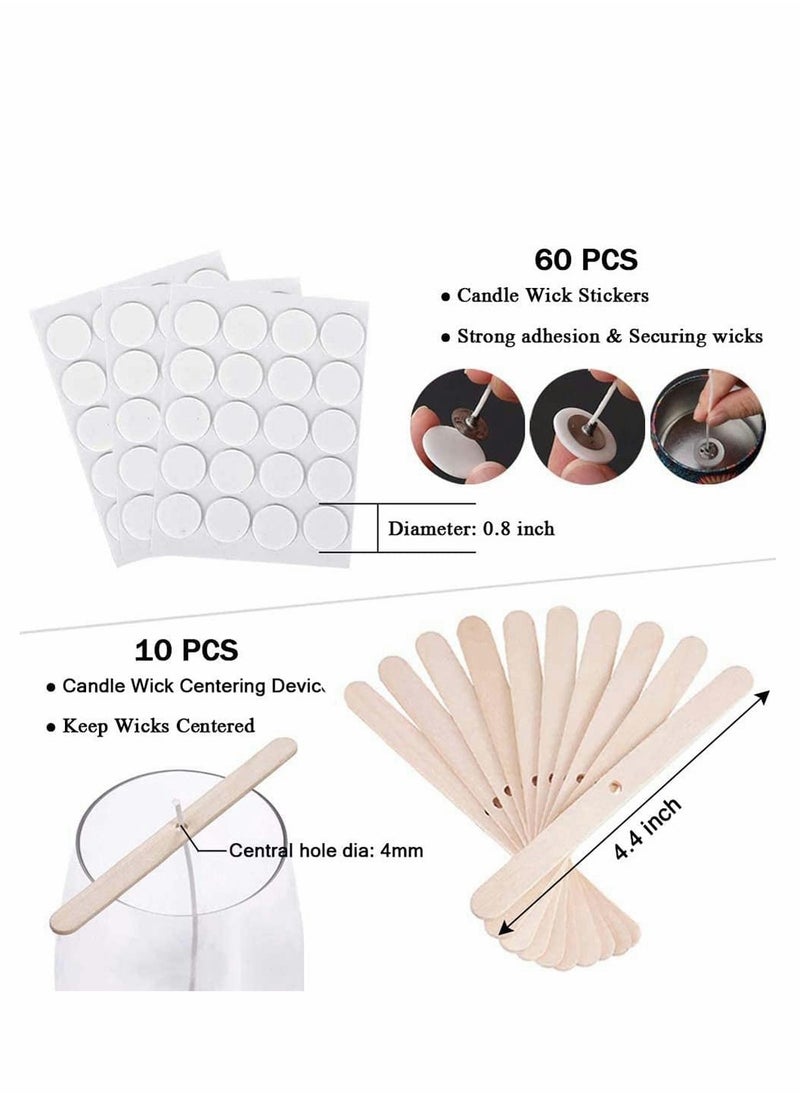 Candle Wicks 100 Pcs with 60Pcs Candle Wick Stickers and 10 Pcs Wooden Candle Wick Centering Device Candle Making Kit Cotton Pre-Waxed Candle Wicks for Soy Beeswax Candle DIY Gift (4inch)