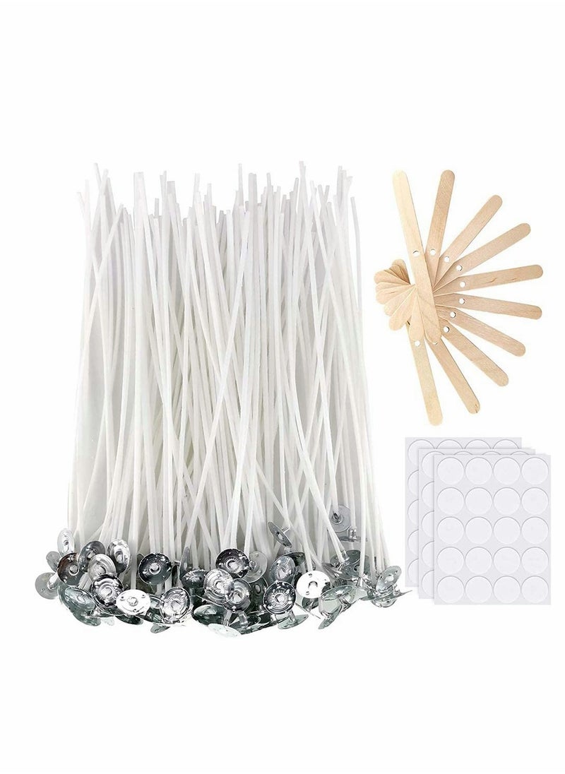 Candle Wicks 100 Pcs with 60Pcs Candle Wick Stickers and 10 Pcs Wooden Candle Wick Centering Device Candle Making Kit Cotton Pre-Waxed Candle Wicks for Soy Beeswax Candle DIY Gift (4inch)