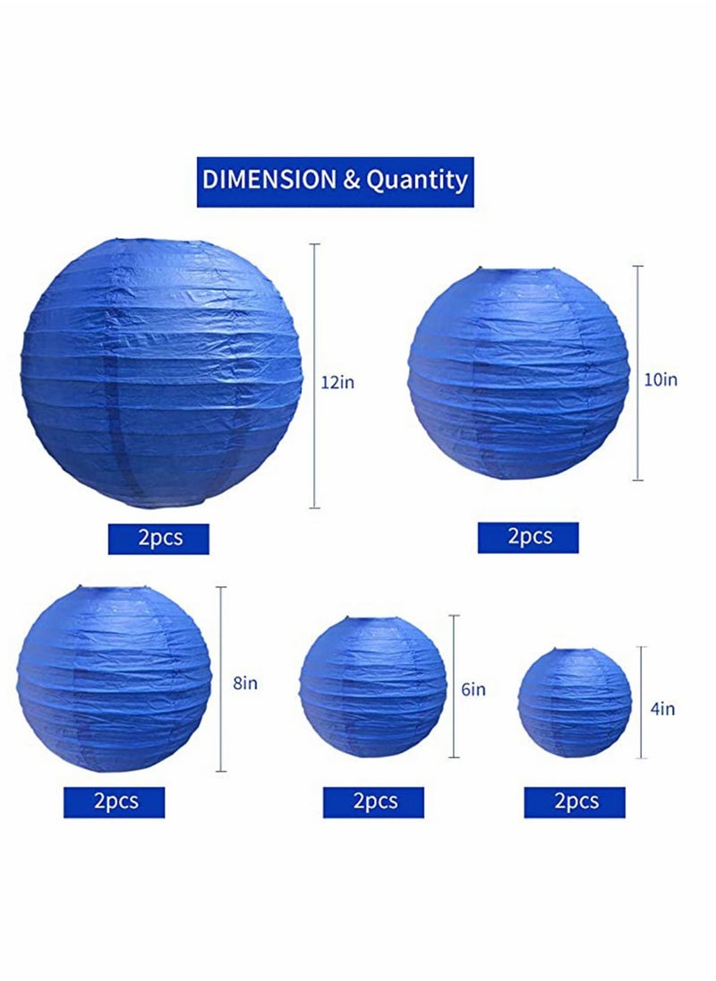 10Pcs Blue Paper Lanterns Decorative, Chinese/Japanese Hanging Round Foldable Lantern, for Birthday, Wedding, Halloween, Bridal Shower, Home Decor, Party (Size of 4”, 6”, 8”, 10”)