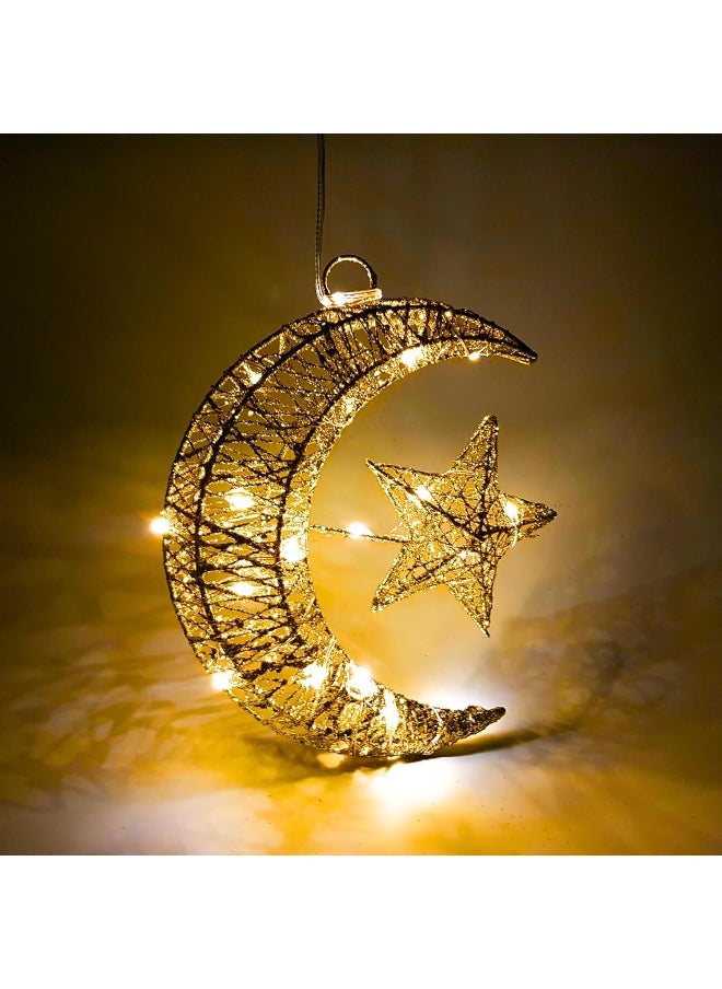 MOONCEE 20CM Ramadan Decoration Lighting Lantern Crescent Light, Eid Mubarak 3D Golden Hilal Crescent 20 LED Light, Ramadan Kareem Home Light Decorations for Room Decoration White Battery Power