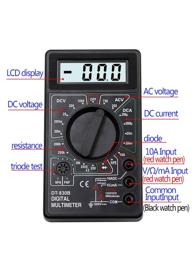 DT-830B Black Digital Multimeter Voltmeter/Ammeter Digital LCD Multimeter, AC DC/Rods with diode