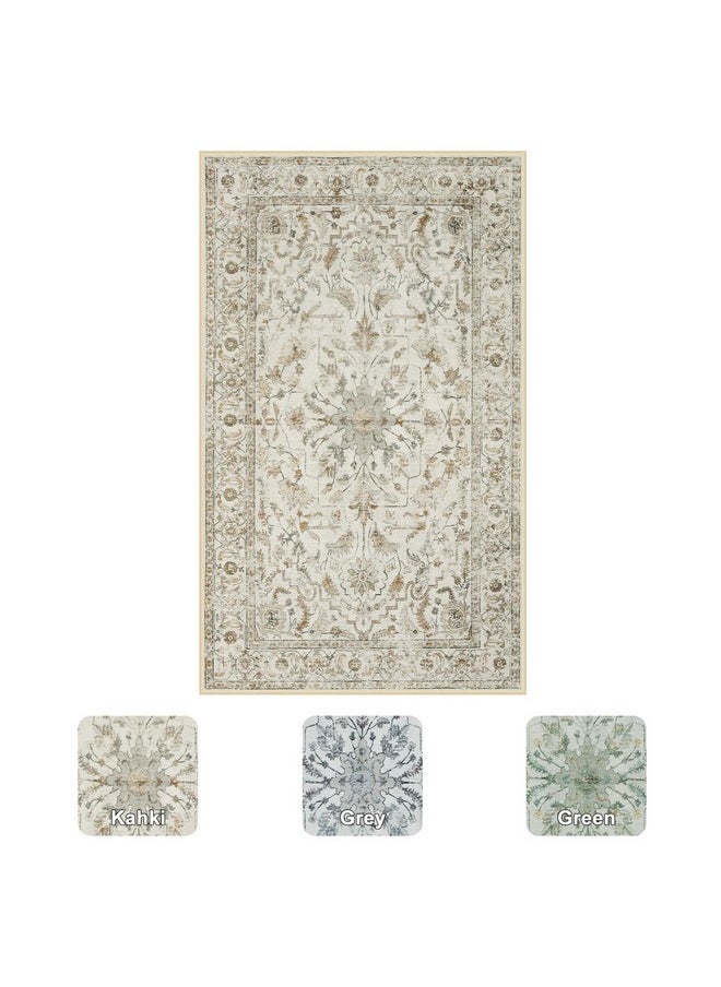 Washable Rugs, 3X5 Non-Slip Rug For Bedroom, Neutral Beige Floral Retro Boho Rug Low-Pile Vintage Lightweight Area Rugs For Entryway Kitchen Bathroom Living Room