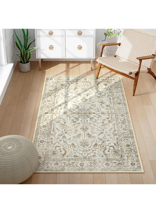 Washable Rugs, 3X5 Non-Slip Rug For Bedroom, Neutral Beige Floral Retro Boho Rug Low-Pile Vintage Lightweight Area Rugs For Entryway Kitchen Bathroom Living Room