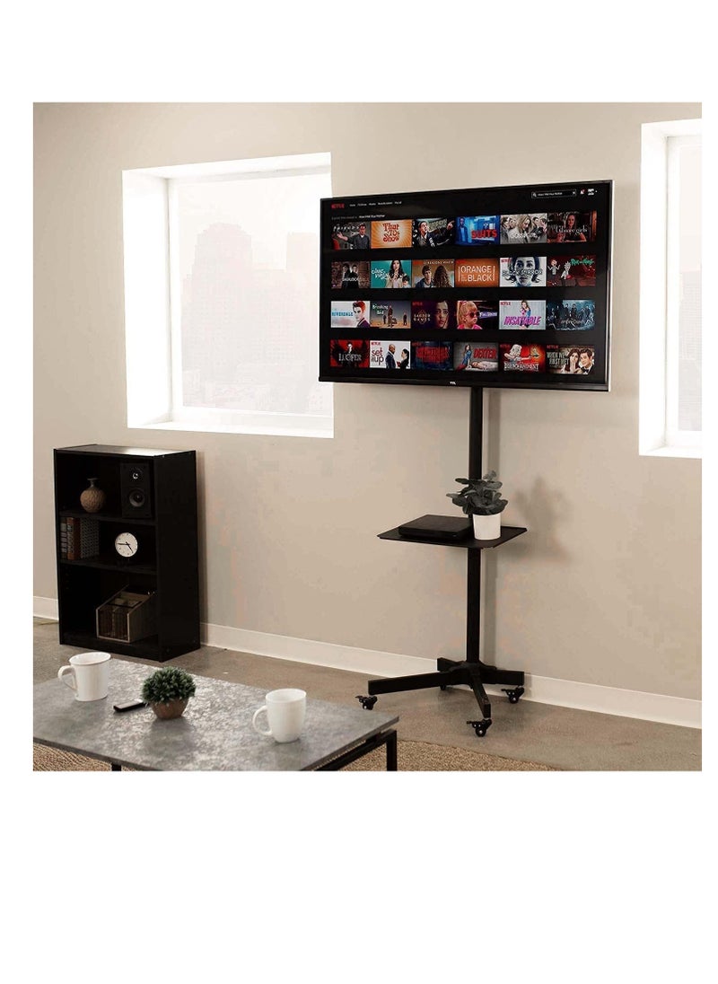 Mobile TV Stand with Height Adjustable Mount on Lockable Wheels for 32-65 Inch Flat and Curved Screens, Including a Removable Shelf for A/V Equipment and Laptops