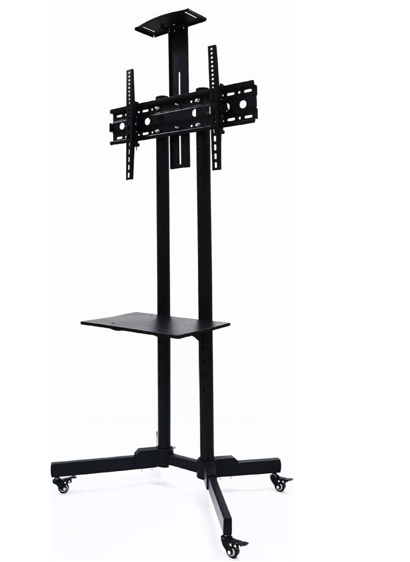 Mobile TV Stand with Height Adjustable Mount on Lockable Wheels for 32-65 Inch Flat and Curved Screens, Including a Removable Shelf for A/V Equipment and Laptops