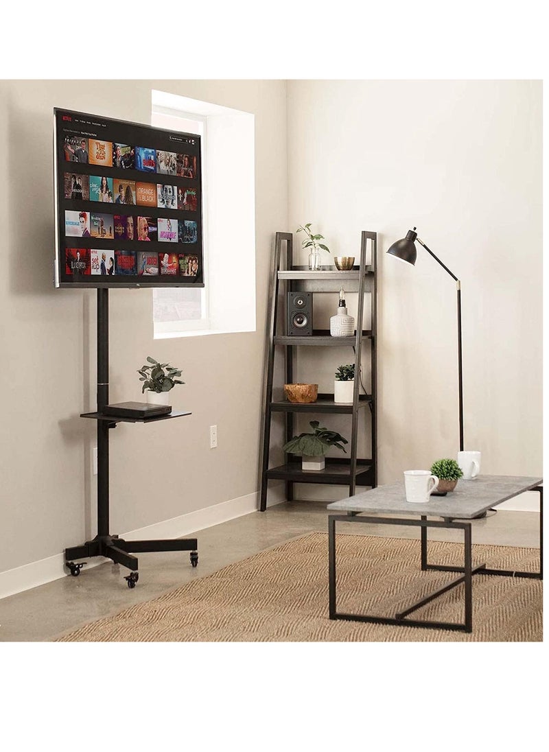 Mobile TV Stand with Height Adjustable Mount on Lockable Wheels for 32-65 Inch Flat and Curved Screens, Including a Removable Shelf for A/V Equipment and Laptops