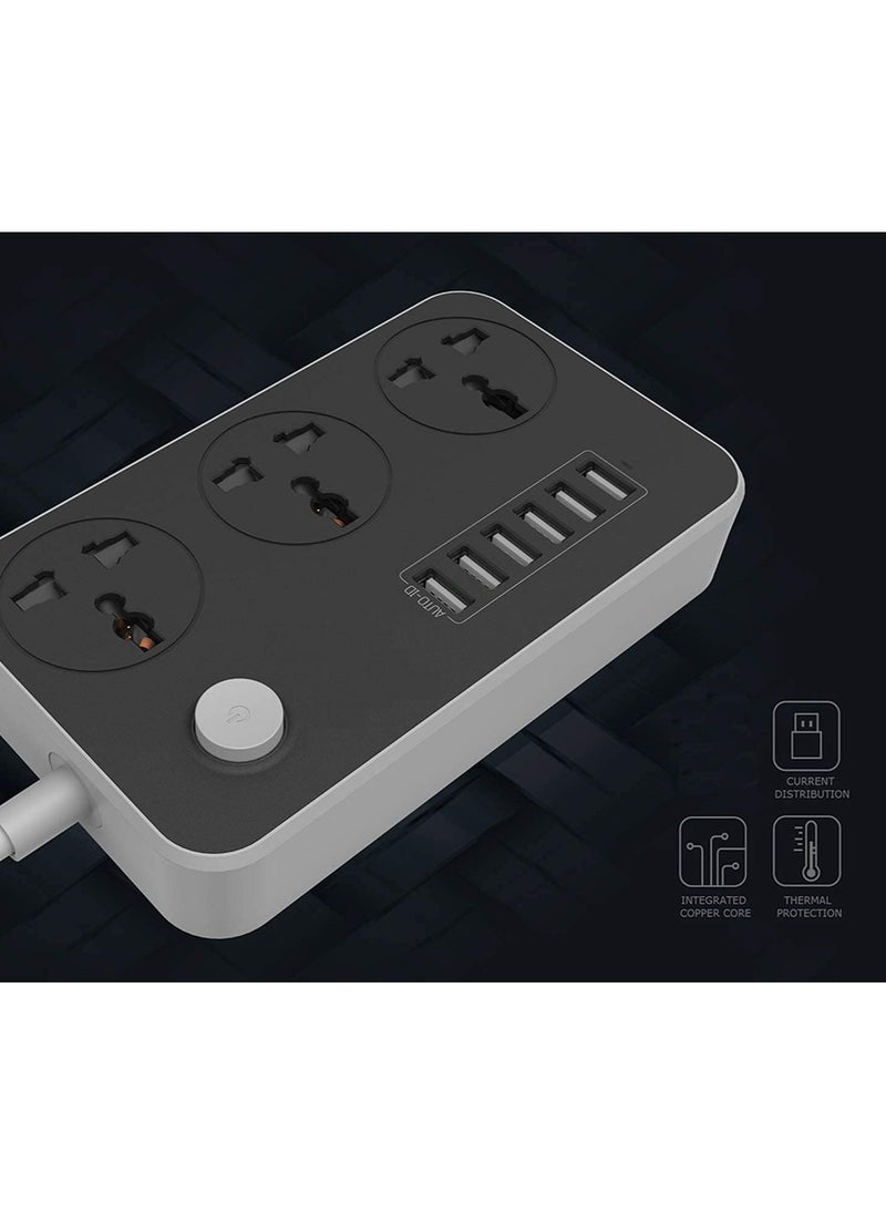 3 Way Power Extension Cord, 3 Universal Plug, 6 USB Charging Ports 2 Meters Surge Protection Cable (Black)