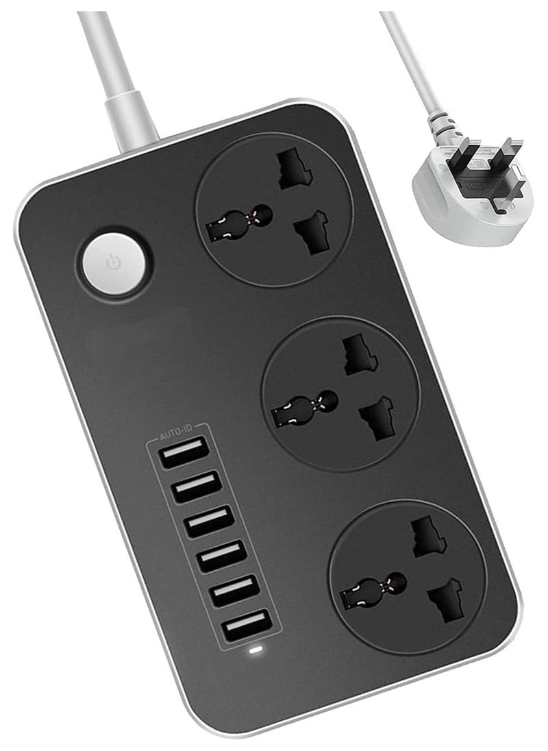 3 Way Power Extension Cord, 3 Universal Plug, 6 USB Charging Ports 2 Meters Surge Protection Cable (Black)