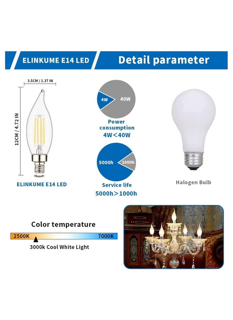 E14 Led Bulb E14 Flame Tip Led Filament Candle Light Bulb 40w Incandescent Equivalent C35 4w 2700k Warm White Energy Saving Chandelier Ceiling Bent-tip Light Bulbs 360°beam Angle 5pieces Warm - White