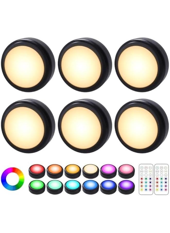 Puck Lights, 6 Pack 13 Colors Changeable LED Puck lightings Battery Powered Dimmable Under Cabinet Lights, Battery Powered Under Counter Lights with 2 Wireless Remote Controls, Black