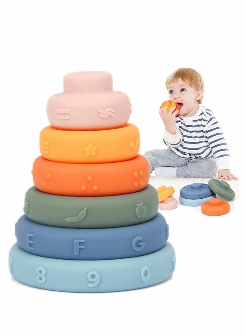 Baby Teething Toys, Stacking Nesting Toys, Soft Building Stacker Squeeze Toy, Baby Montessori Sensory Toys with Number, Fruit and Shape, Early Learning, Natural Brain Development for Baby (6 PCS)