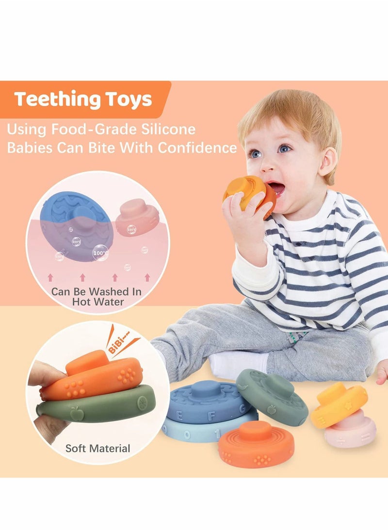 Baby Teething Toys, Stacking Nesting Toys, Soft Building Stacker Squeeze Toy, Baby Montessori Sensory Toys with Number, Fruit and Shape, Early Learning, Natural Brain Development for Baby (6 PCS)