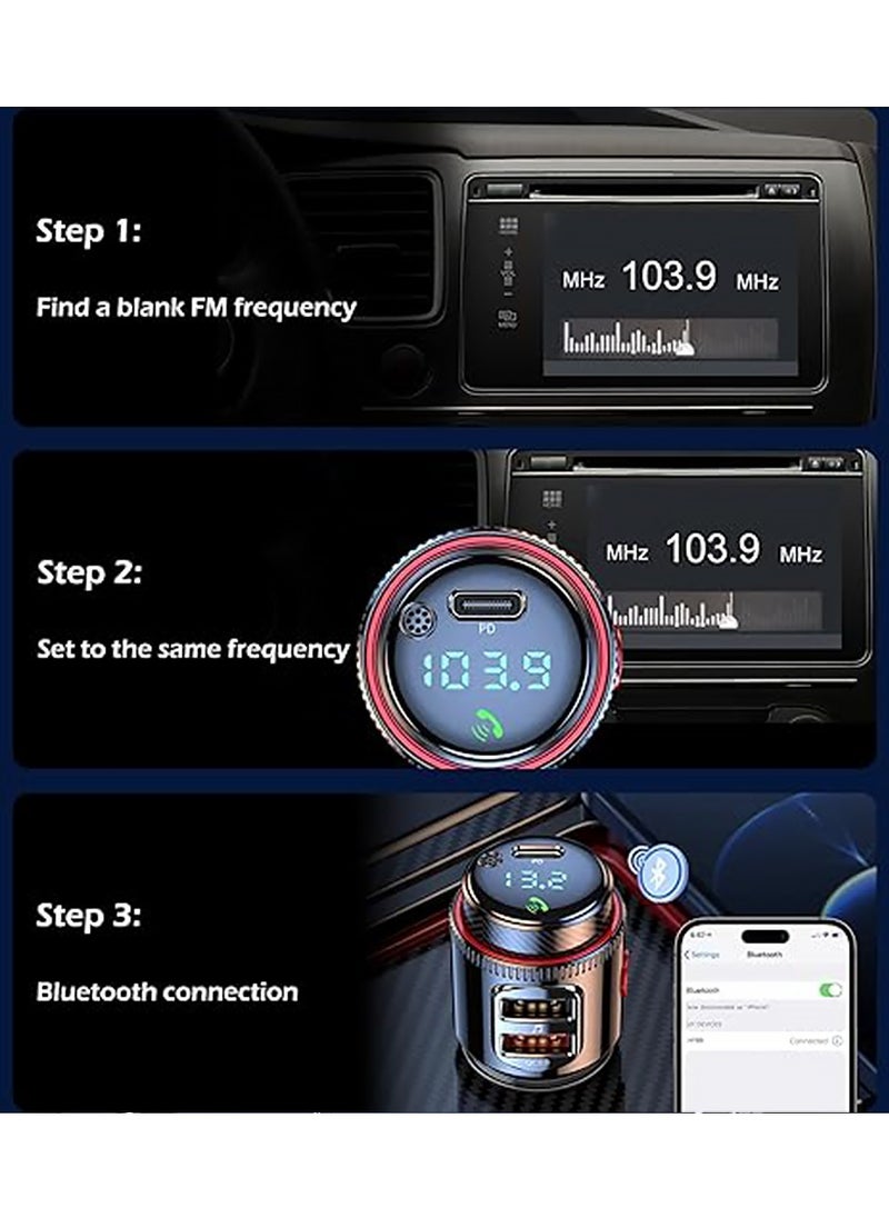 Car Charger,Car Bluetooth Adapter, Wireless FM Transmitter, USB C&QC3.0 Dual Fast Charging,  Lighter Radio Music, Supports Hands-Free Siri Google Assistant & USB Drive, HiFi Bass Sound