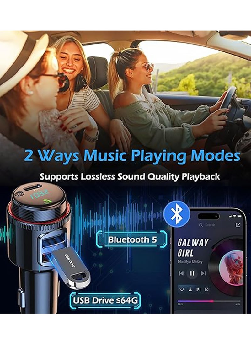 Car Charger,Car Bluetooth Adapter, Wireless FM Transmitter, USB C&QC3.0 Dual Fast Charging,  Lighter Radio Music, Supports Hands-Free Siri Google Assistant & USB Drive, HiFi Bass Sound