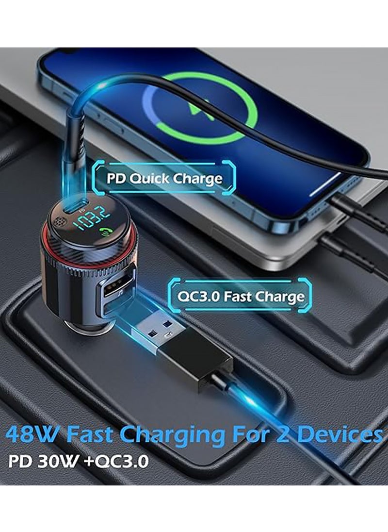 Car Charger,Car Bluetooth Adapter, Wireless FM Transmitter, USB C&QC3.0 Dual Fast Charging,  Lighter Radio Music, Supports Hands-Free Siri Google Assistant & USB Drive, HiFi Bass Sound