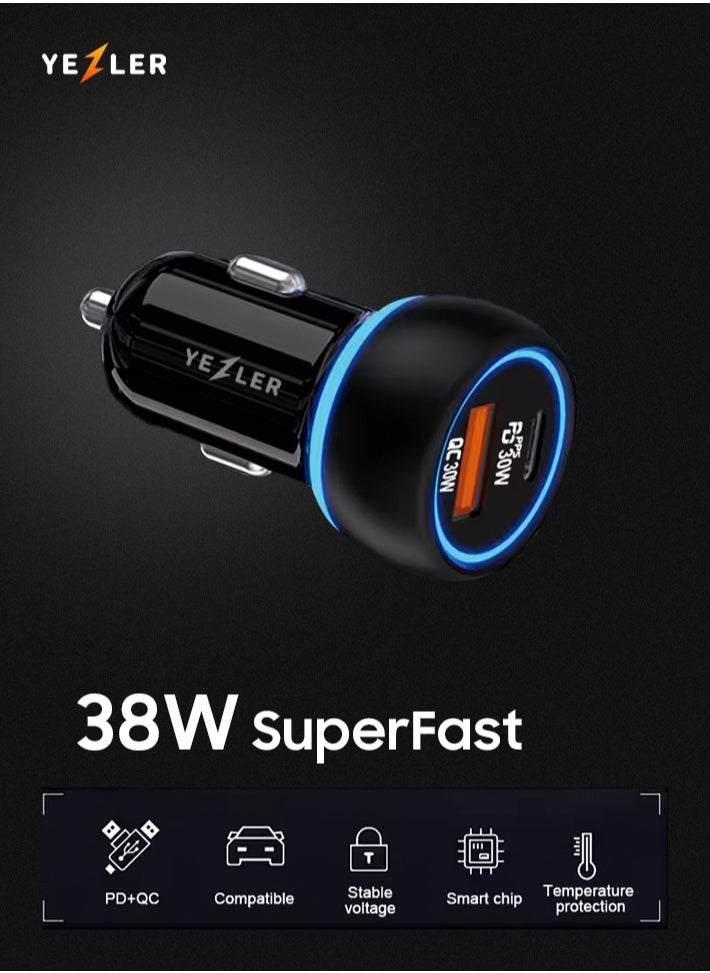 38W Dual Fast Car Charger with Intelligent Shunt | Super Fast Charging, Dual PD Ports for Quick & Safe Charging