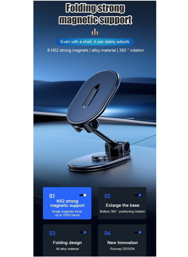 Newest Alloy Folding Magnetic Car Phone Holder with Strong Magnet 360° Rotation Universal Dashboard Mount for Smartphones and Tablets