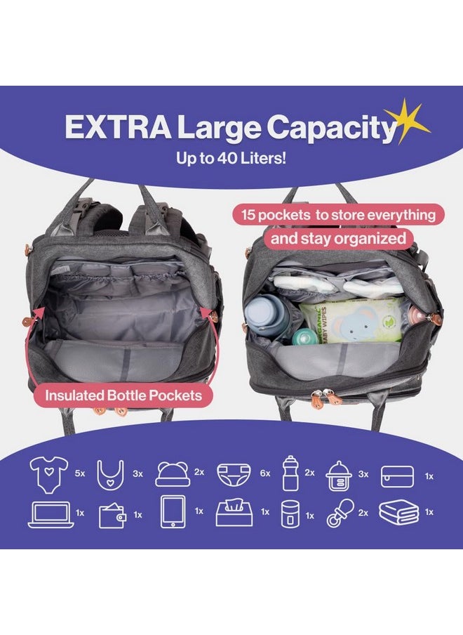 Extra Large Diaper Bag Backpack, Expandable Baby Bag With Up To 50% More Capacity - Travel Essentials Baby Bag Tote With Changing Pad, Stroller Straps & Pacifier Case - Unisex, Dark Gray