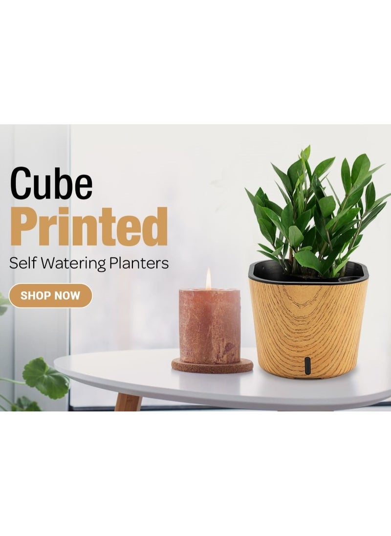 Cube 6 Inch Self Watering Plastic Pot - Line Wood Color