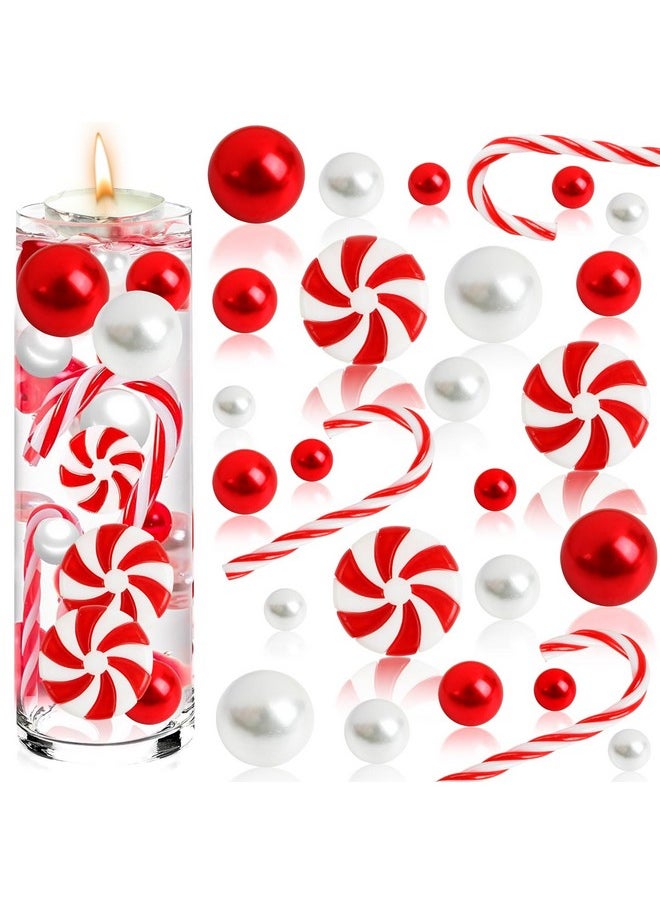 120 Pcs Christmas Vase Fillers, Floating Vase Filler Faux Pearls Beads Candy Cane For Xmas Home Table Centerpieces Party Festival Decorations (Red, White)